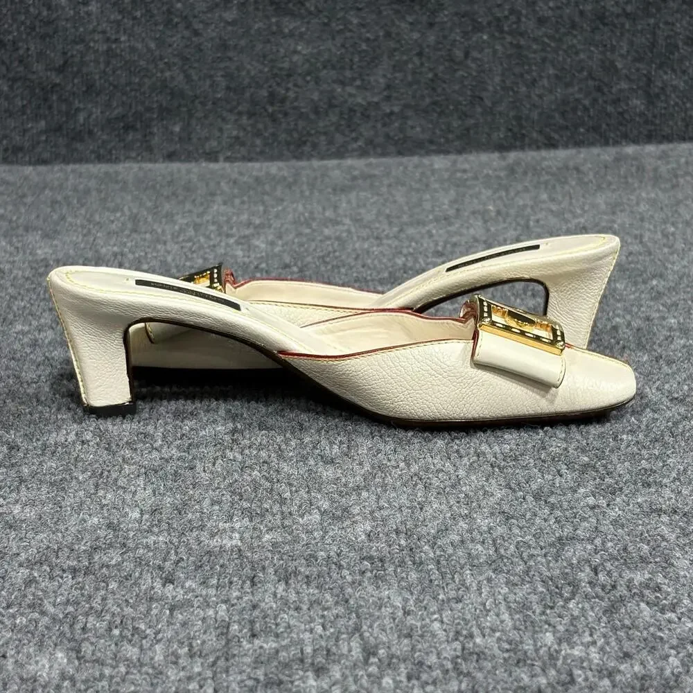 Louis Vuitton Shoes Womens 6 White Suhali Leather Flower Buckle Mule Kitten Heel